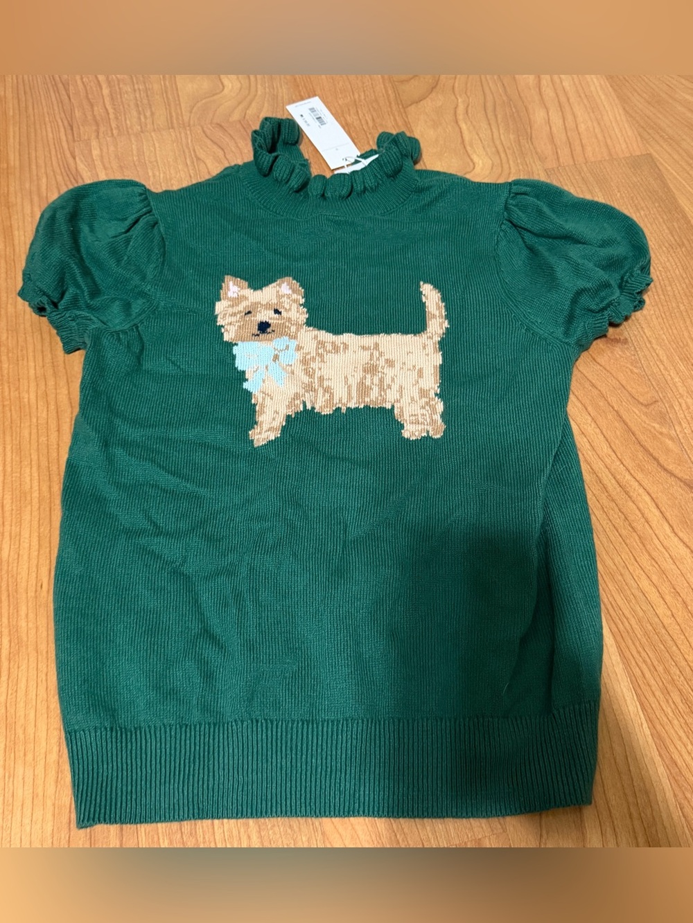 Janie and Jack Girls 12 The Iconic Dog Sweater Ruffle Parsley Green Short Sleeve